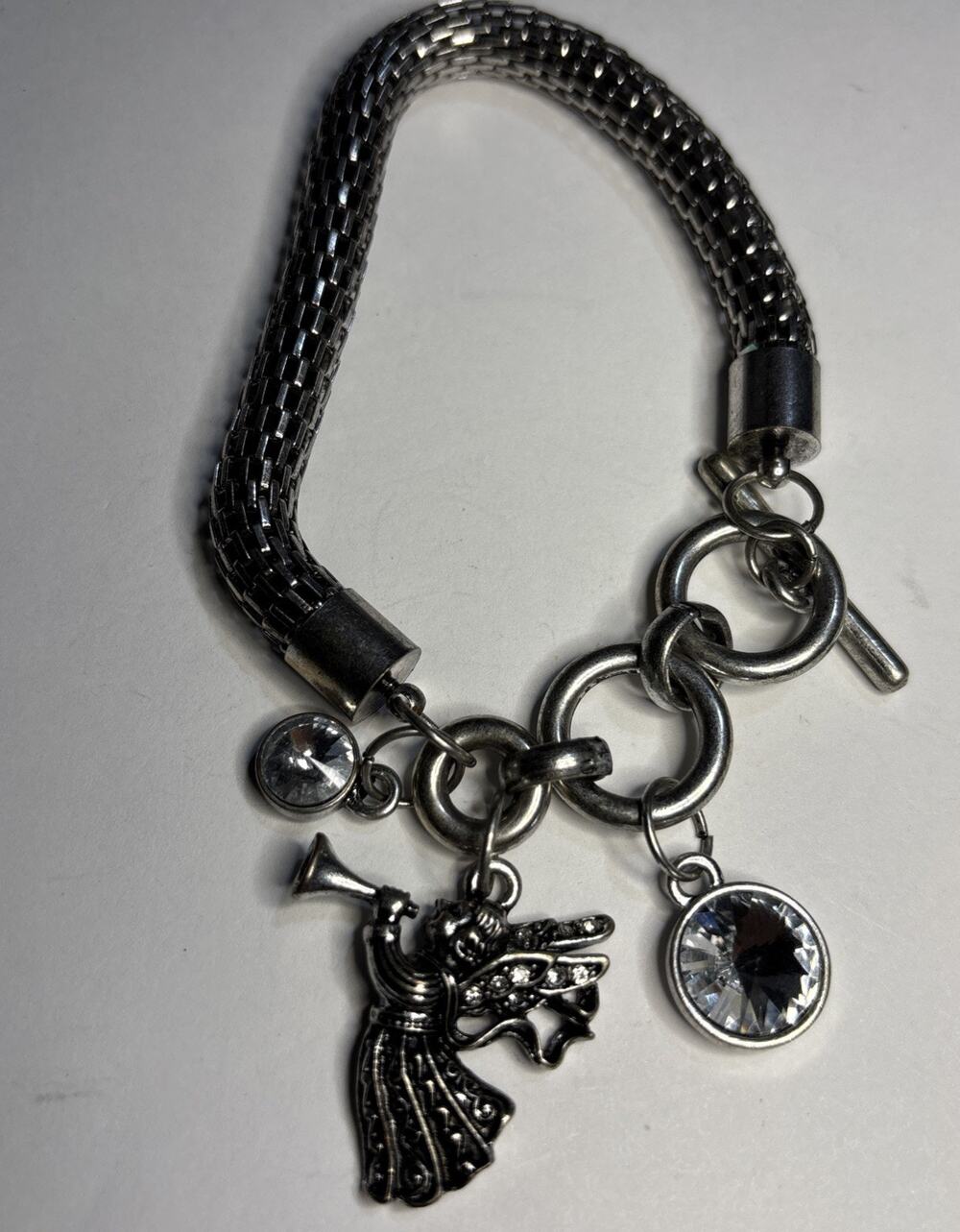 Silver Tone Angel Charm Bracelet Mesh Chain Clear Rhinestone Toggle Clasp